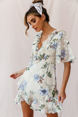 June Angel Sleeve Ruffle Detail Dress Floral Print Beige