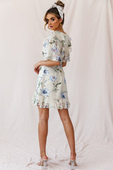 June Angel Sleeve Ruffle Detail Dress Floral Print Beige