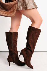 Desk Diva Knee High Faux Suede Stiletto Boots (Brown)