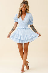 Nerissa Puff Sleeve Shirred Waist Dress Spotty Blue