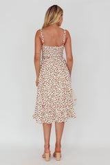 Honey Shirred Frill Midi Dress White/Brown