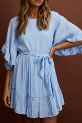 Joni Batwing Sleeve Waist Tie Dress Ruffle Blue