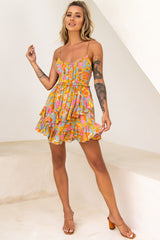 Geordie Ruched Bust Frill Trim Dress Floral Print Aqua Multi