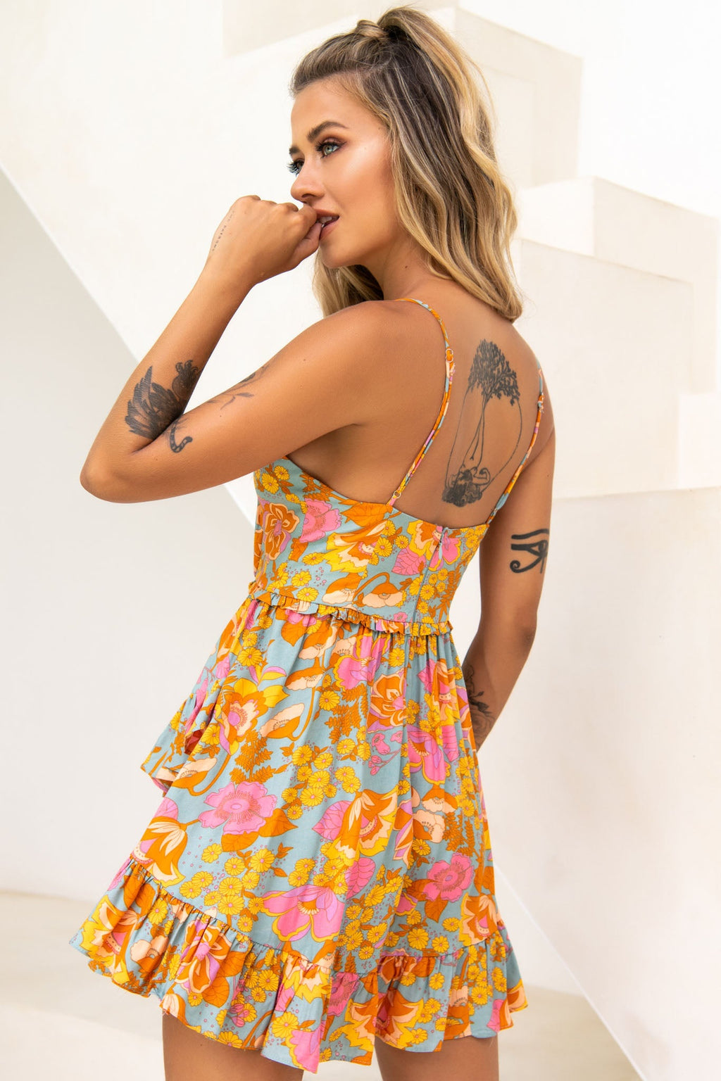 Geordie Ruched Bust Frill Trim Dress Floral Print Aqua Multi