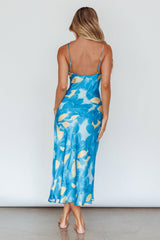 Well Versed Pleated Bust Front Split Dress Flora Blue