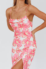 Well Versed Pleated Bust Front Split Dress Flowers Pink