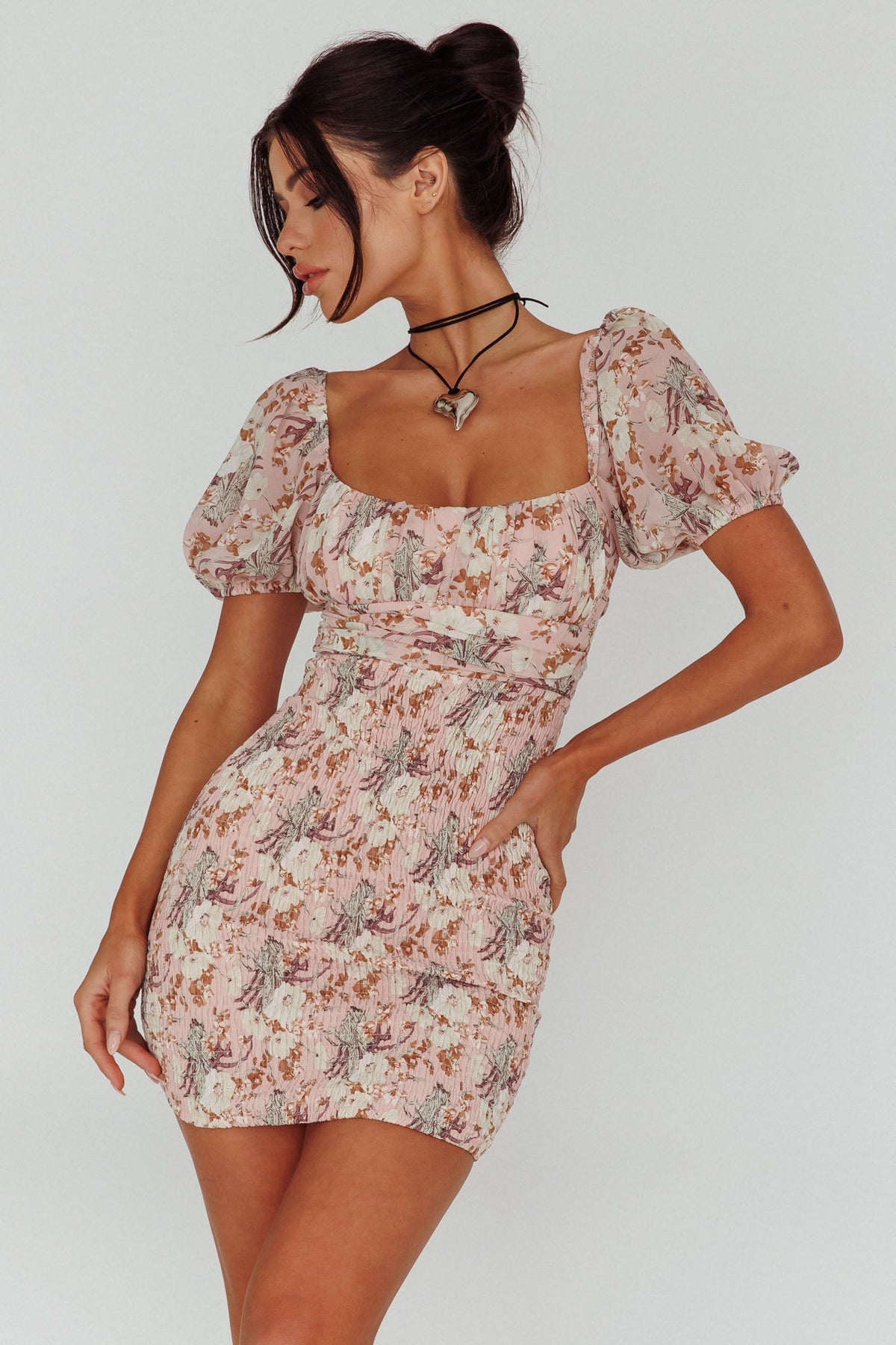 Joie Puff Sleeve Shirred Dress Floral Blush