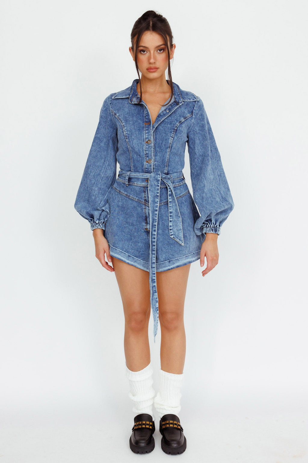 New Day Long Sleeve Button-Up Romper Denim
