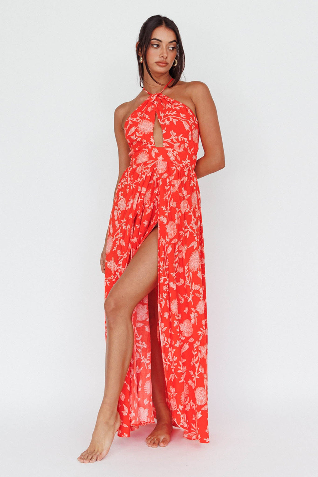 Athena High Split Maxi Dress Floral Print Red