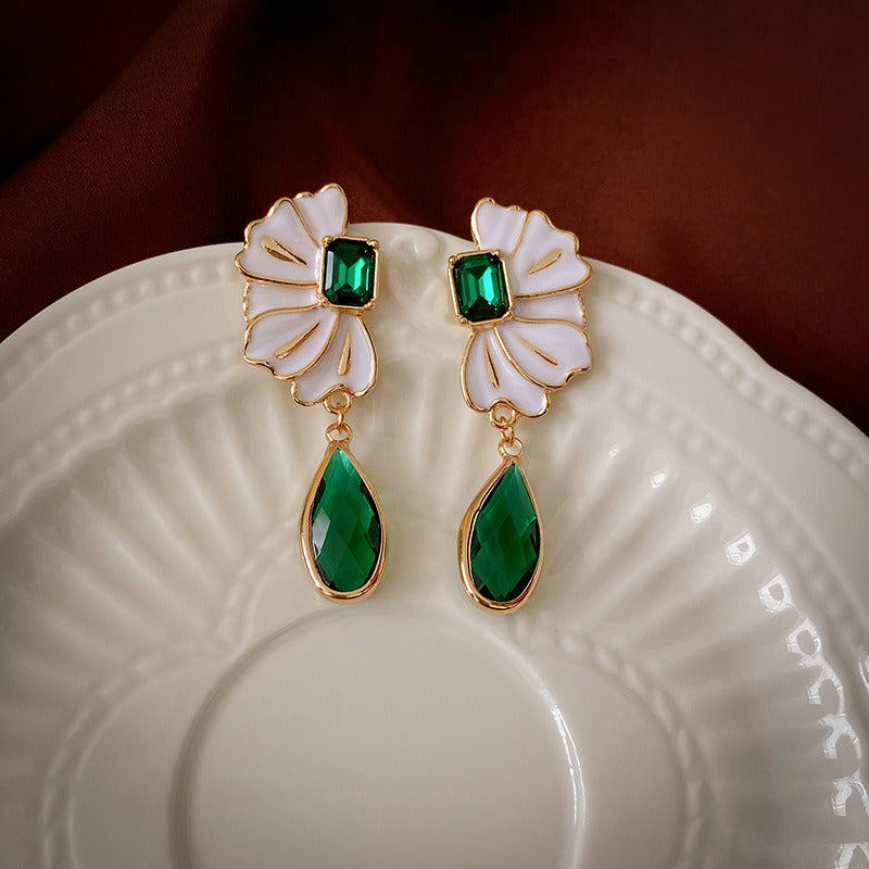 Oil Dripping Flower Emerald Water Drop Earrings