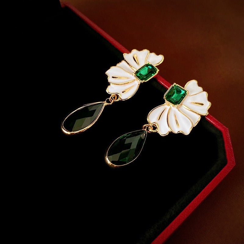 Oil Dripping Flower Emerald Water Drop Earrings
