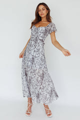 Linka Off-Shoulder Tie Back Midi Dress Printed Grey
