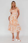 Linka Puff Sleeve Midi Dress Tie-Dye Orange
