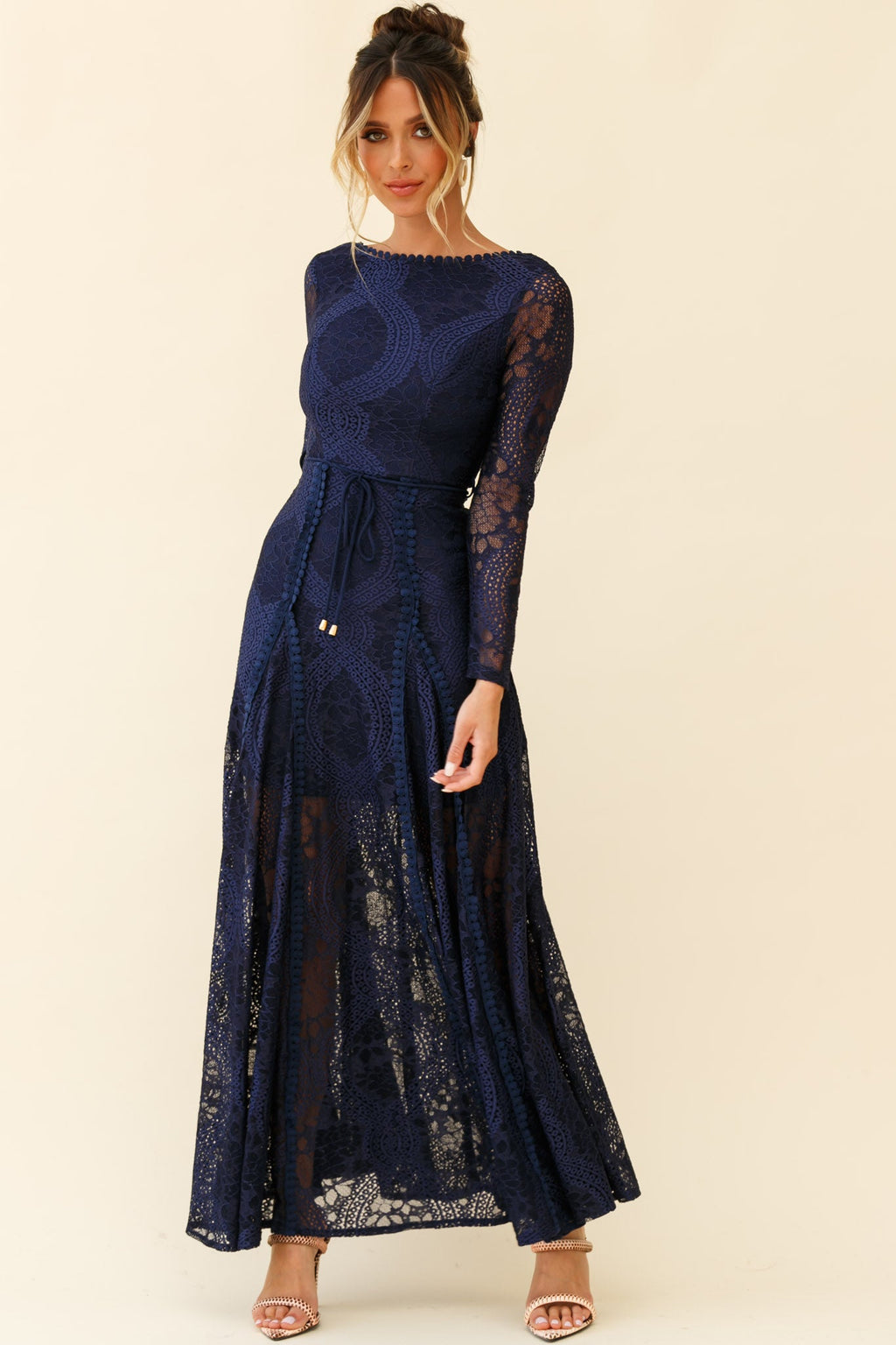 Palm Springs Long Sleeve Lace Overlay Maxi Dress Navy