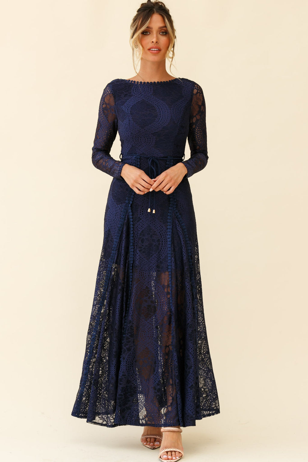 Palm Springs Long Sleeve Lace Overlay Maxi Dress Navy