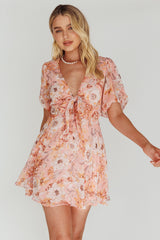 Madison Bow Tie Bust Puff Sleeve Dress Flowers Orange