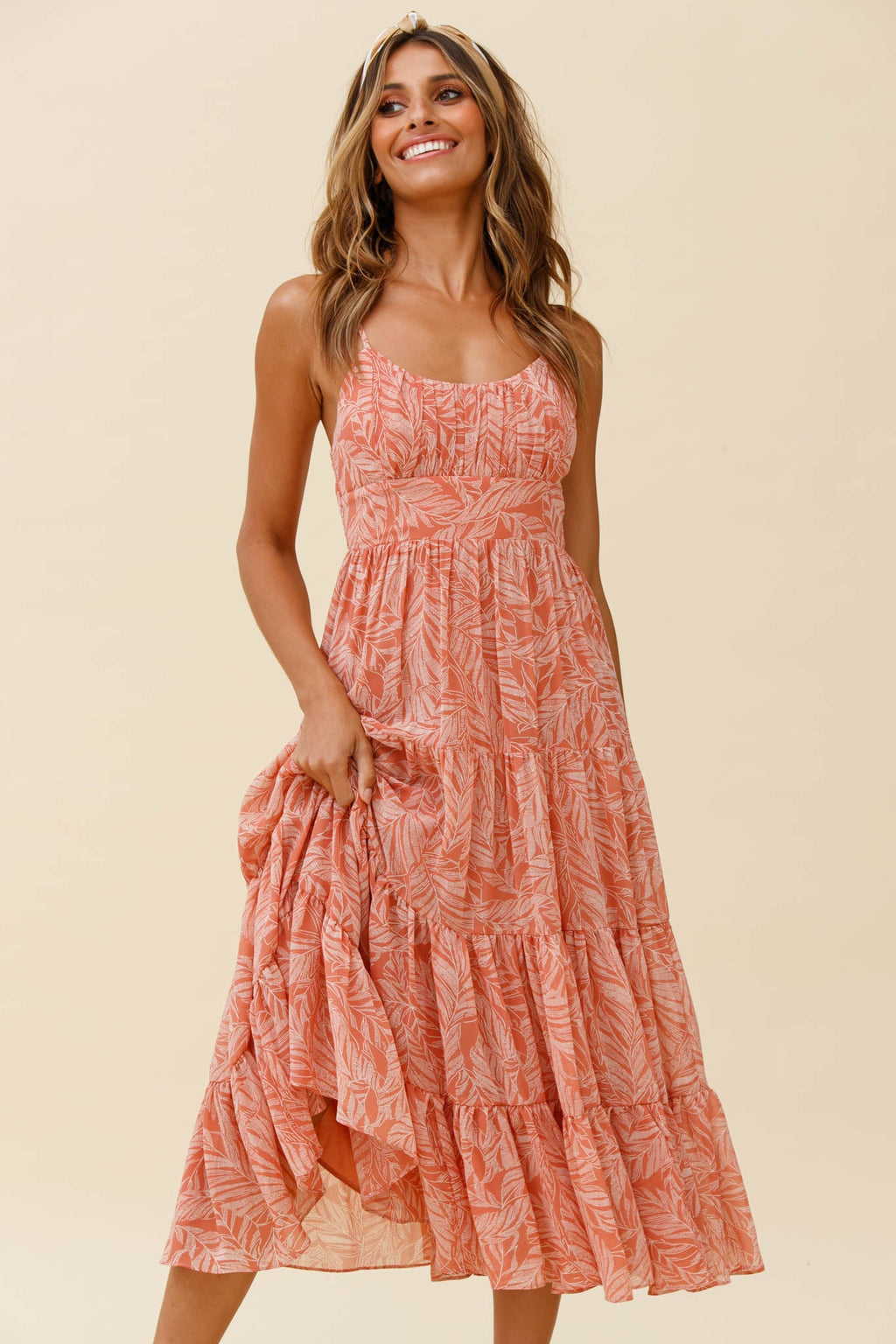 Eternal Sunshine Gathered Bust Maxi Dress Leaf Print Pink