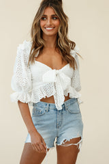 Say That Again Puff Sleeve Broderie Anglaise Crop Top White