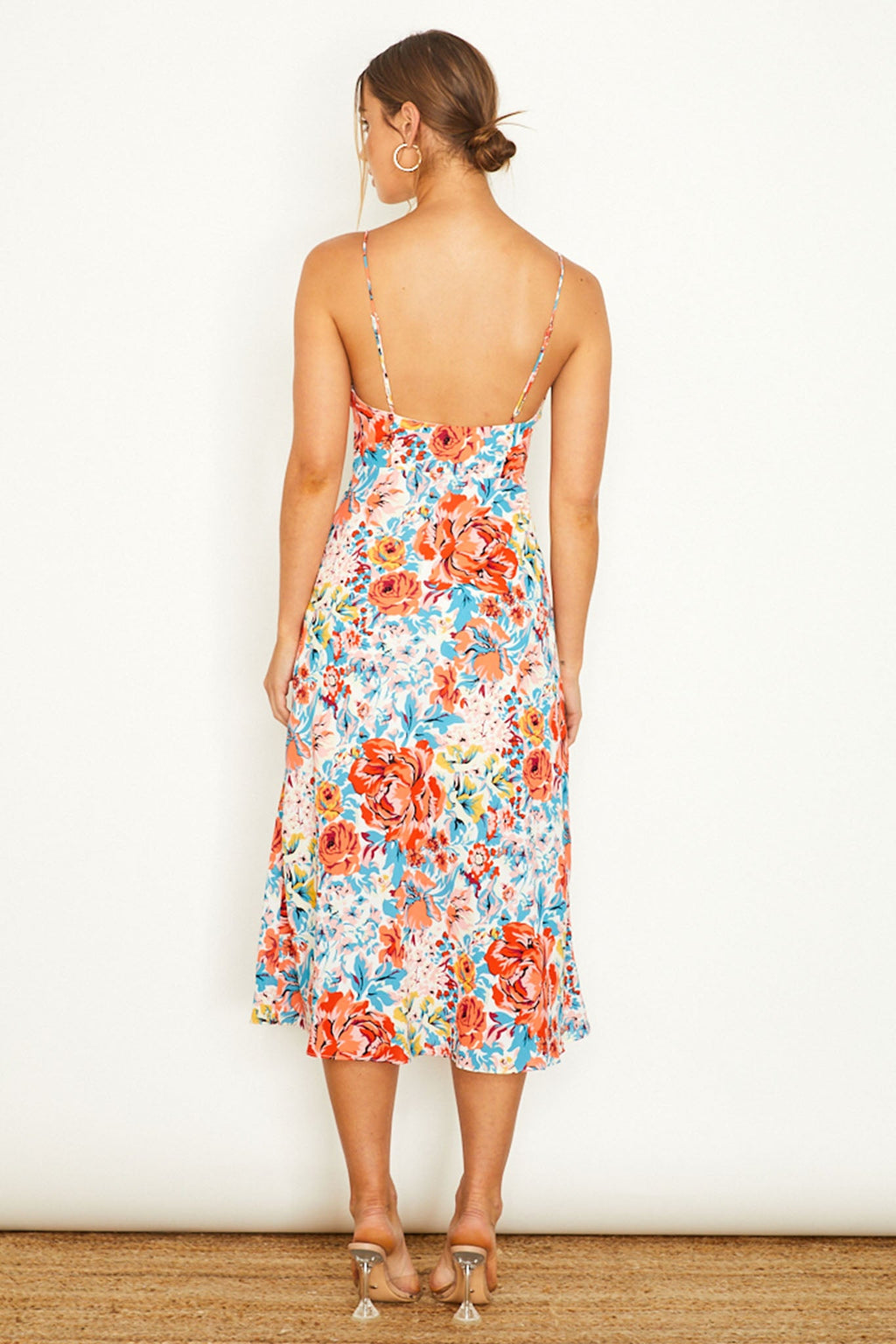 Malibu Gathered Bust Cami Strap Midi Dress Floral Orange