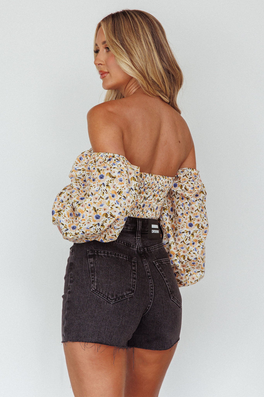 Maureen Off-Shoulder Shirred Crop Top Orange Multi
