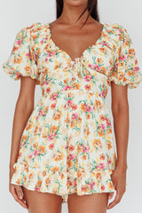 Costa Rica Puff Sleeve Romper Floral Beige