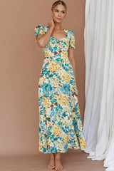 Montebello Puff Sleeve Maxi Dress Floral Blue/Yellow