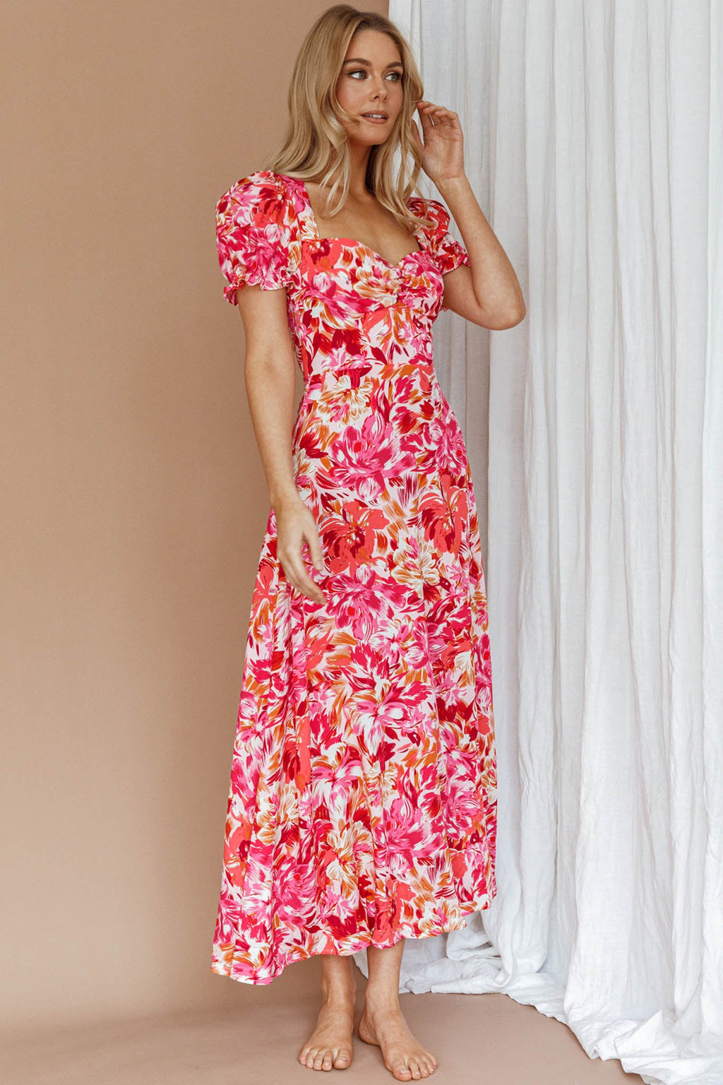 Montebello Puff Sleeve Maxi Dress Floral Pink/Orange