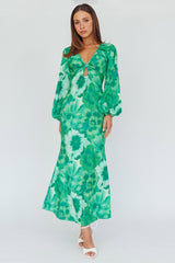 Yessica Balloon Sleeve Midi Dress Floral Green