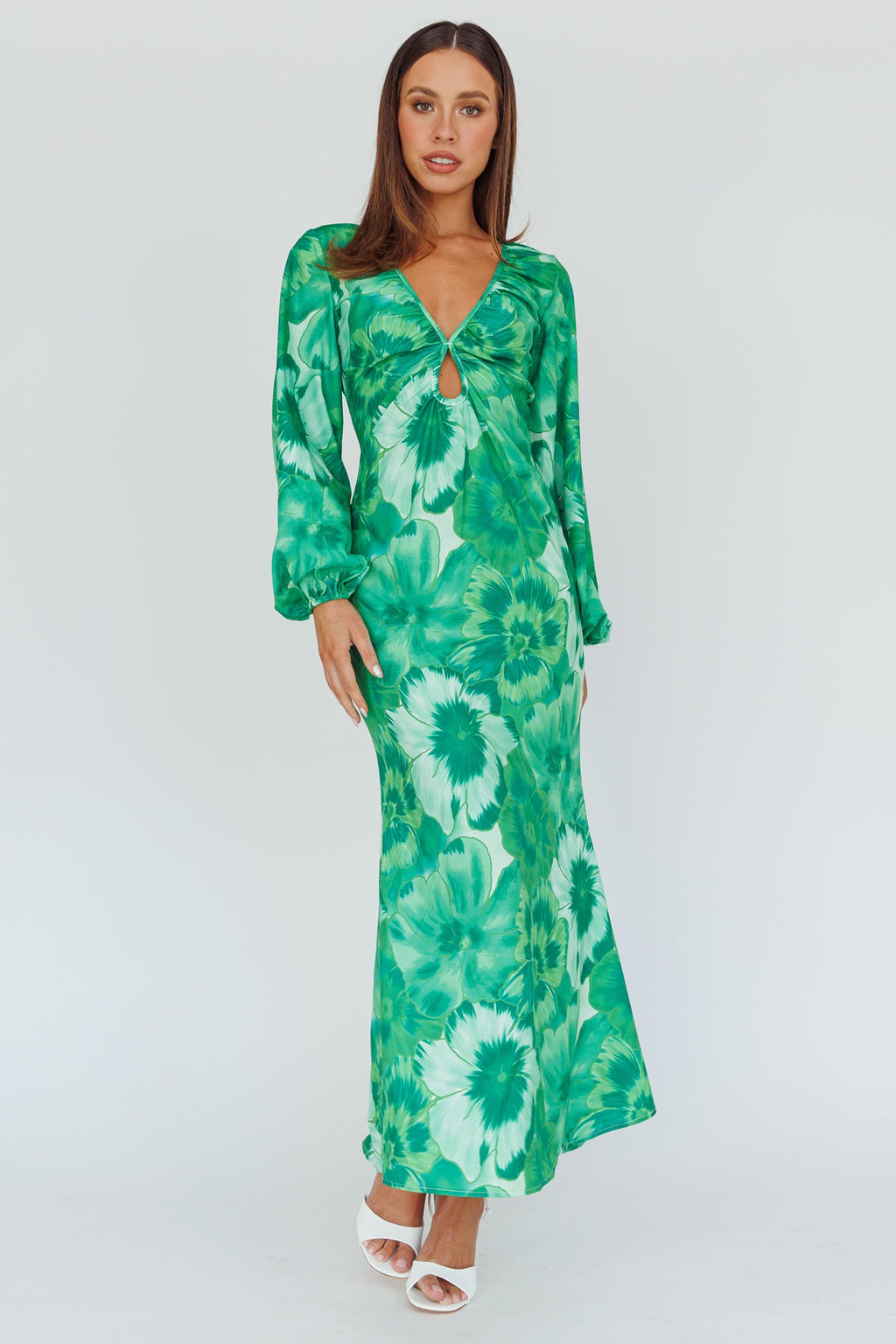Yessica Balloon Sleeve Midi Dress Floral Green