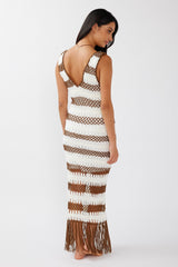 Ximena Tassel Hem Crochet Midi Dress White/Mocha