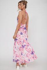 Nirvana Halterneck Split Midi Dress Floral Pink