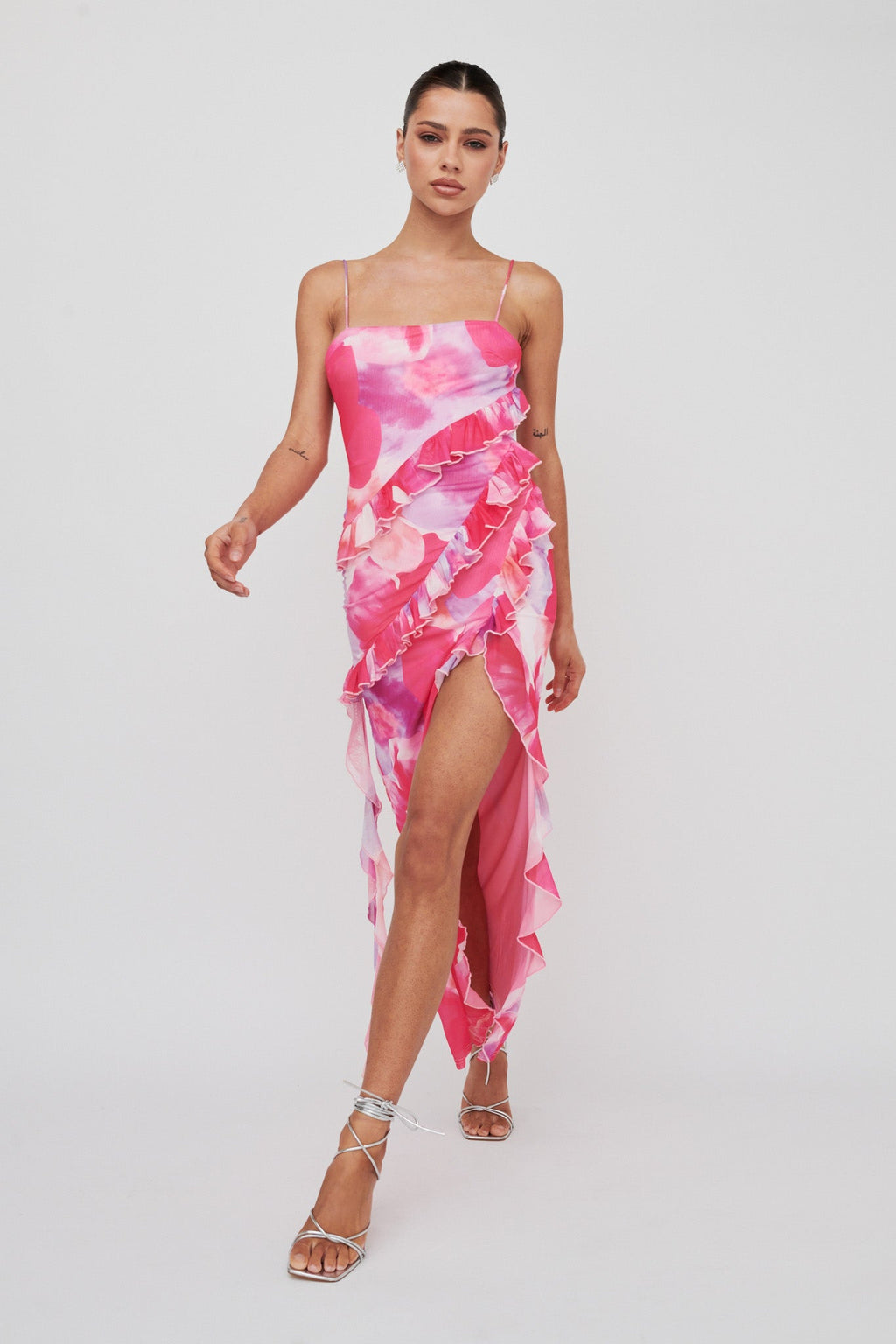 Crush On You Split Ruffle Midi Dress Pink
