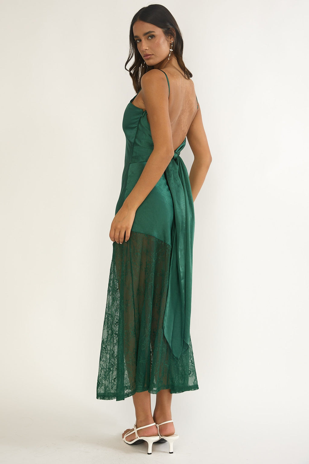Ciao, Bella Tied Back Lace Hem Dress Forest Green