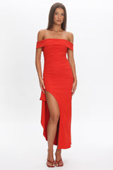 Cha Cha Off Shoulder Thigh Split Maxi Dress Red
