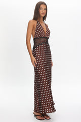 Tarly Lace Waist Halter Maxi Dress Polka Dot Chocolate