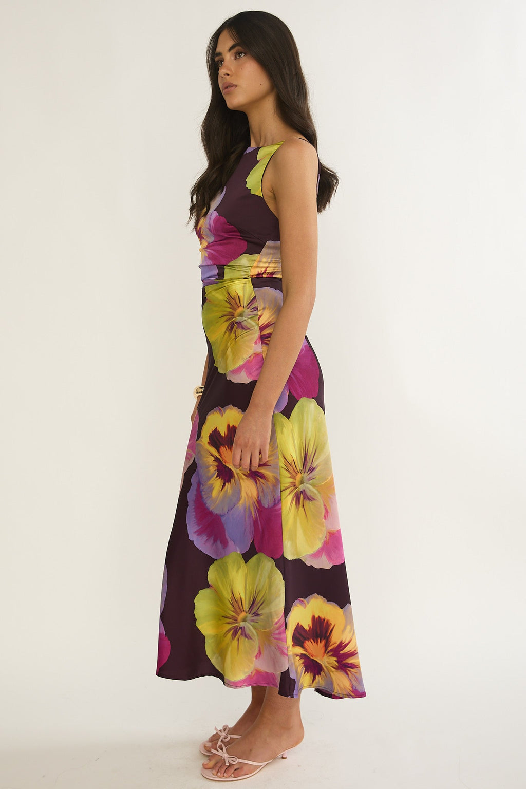 Floating Strappy Low Back Maxi Dress Pansies Plum