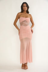 Sade Strapless Sheer Panel Ruched Maxi Dress Blush