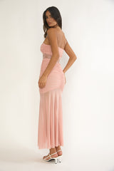 Sade Strapless Sheer Panel Ruched Maxi Dress Blush