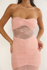 Sade Strapless Sheer Panel Ruched Maxi Dress Blush