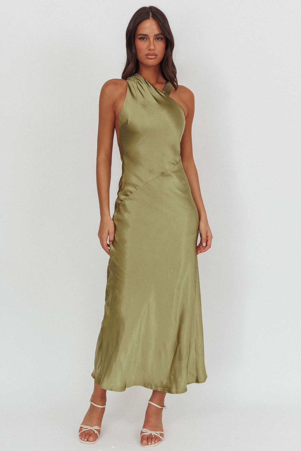 Florisse Asymmetric Neckline Maxi Dress Olive
