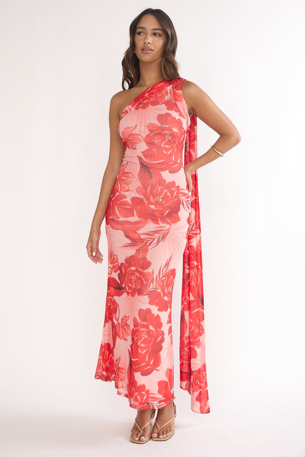 Ilyse Neck Scarf One-Shoulder Maxi Dress Floral Red