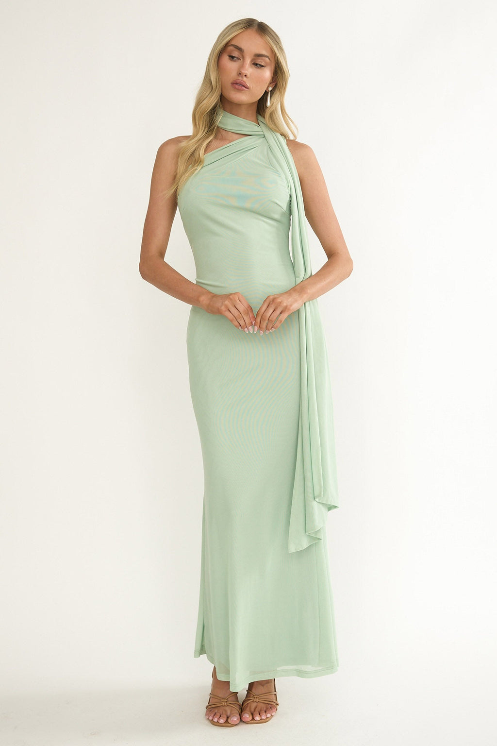 Ilyse Neck Scarf One-Shoulder Maxi Dress Mint