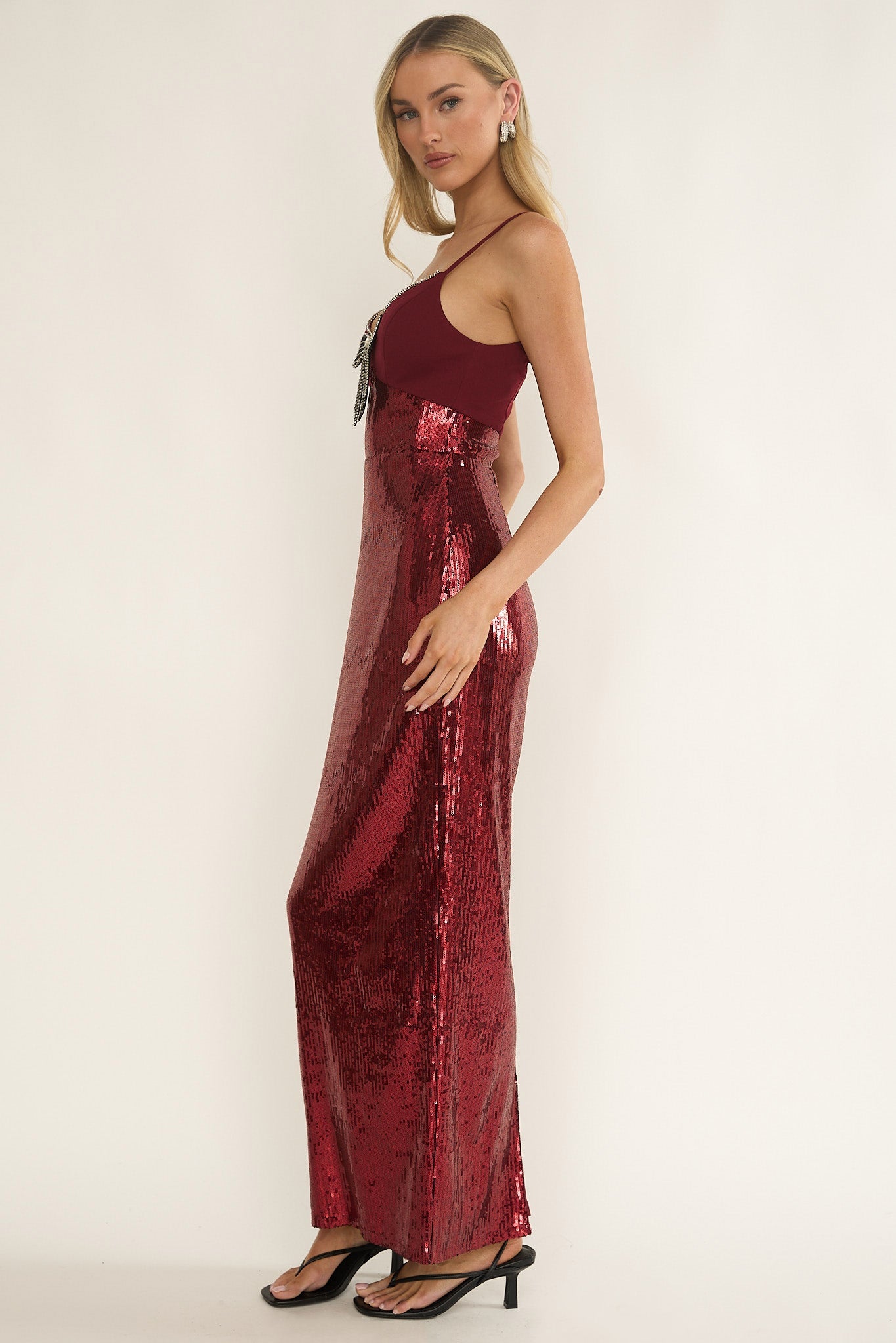 Nolani Sequin Bow & Diamante Maxi Dress Wine