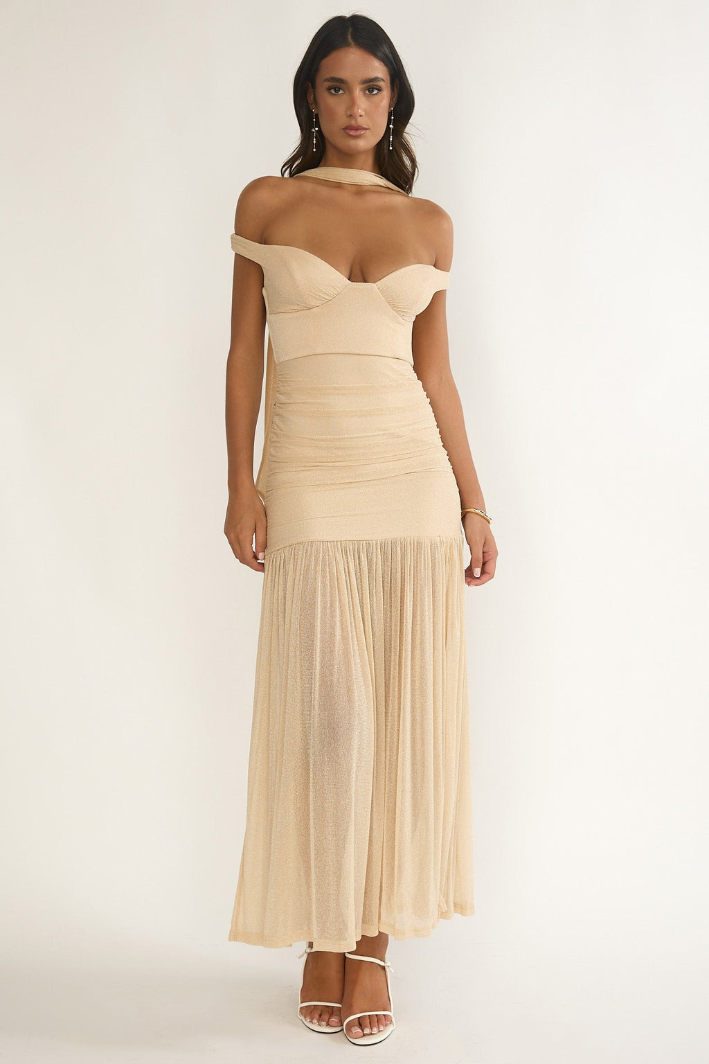 Delora Off-Shoulder Scarf Maxi Dress Beige