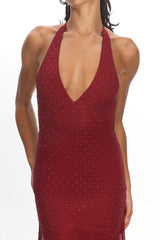Endira Halter Sheer Hem Midi Dress Burgundy