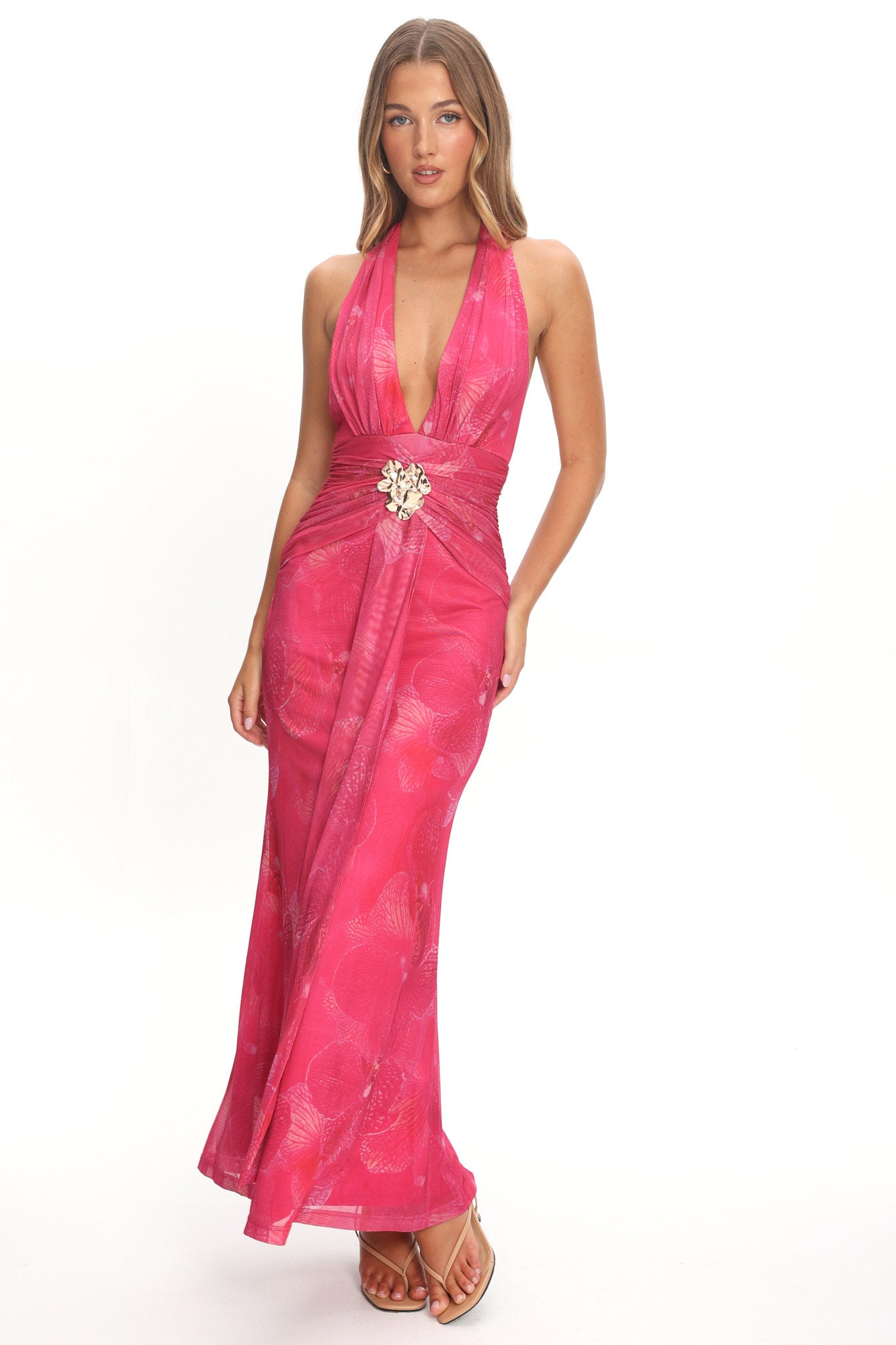 Shanna Plunging Halterneck Maxi Dress Fuchsia