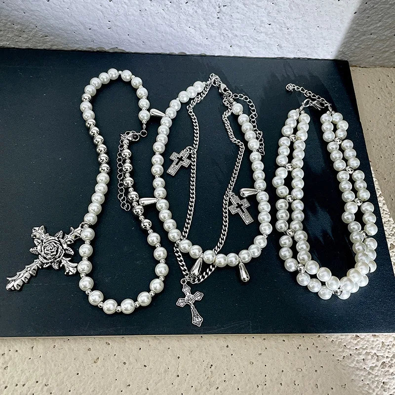 Rose Cross Faux Pearls Necklace