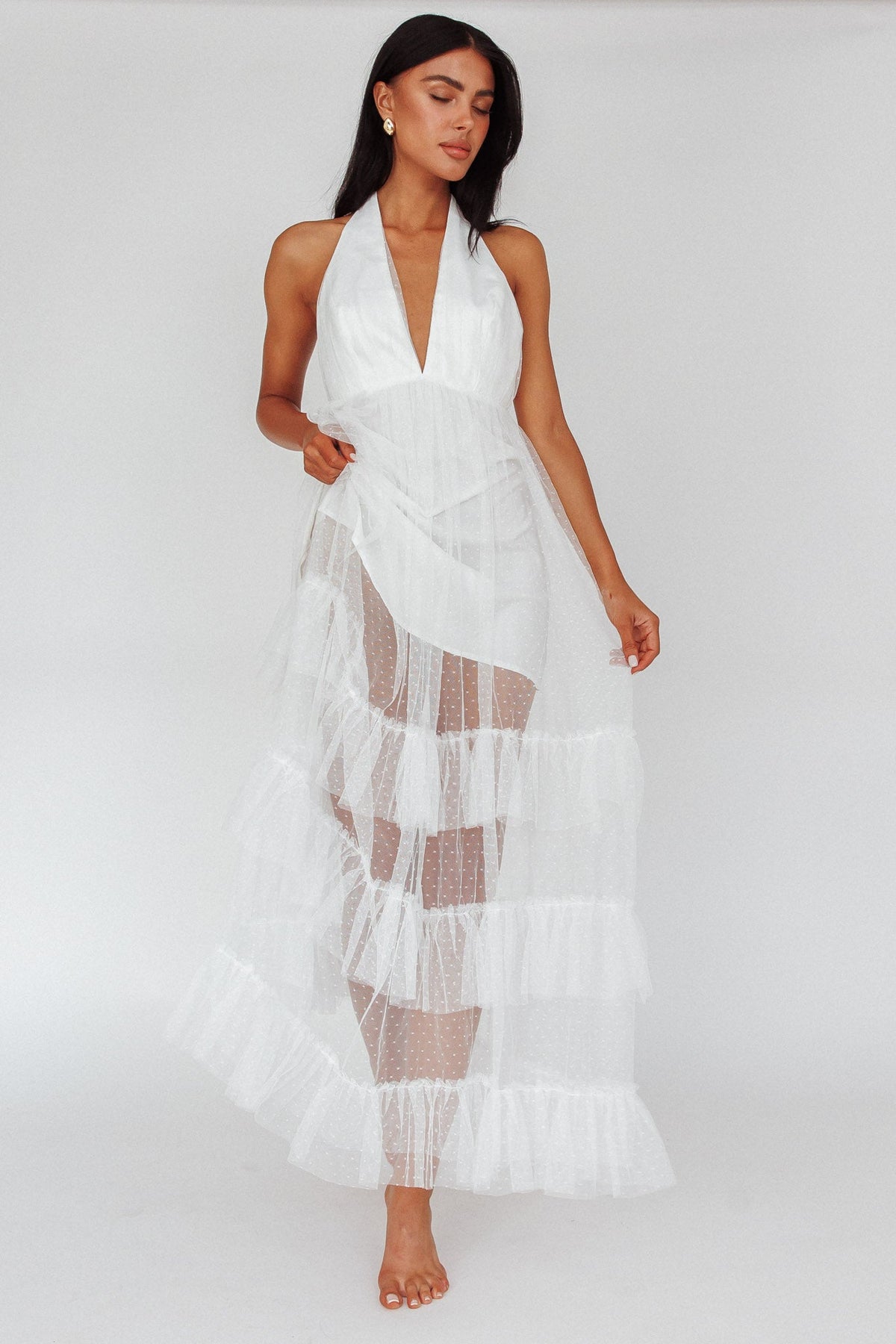 Moonlight Sonata Ruffle Mesh Maxi Dress Hail Spot White