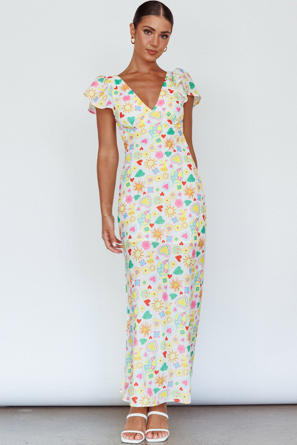 Long Summer Flutter Sleeve Maxi Dress Printed White