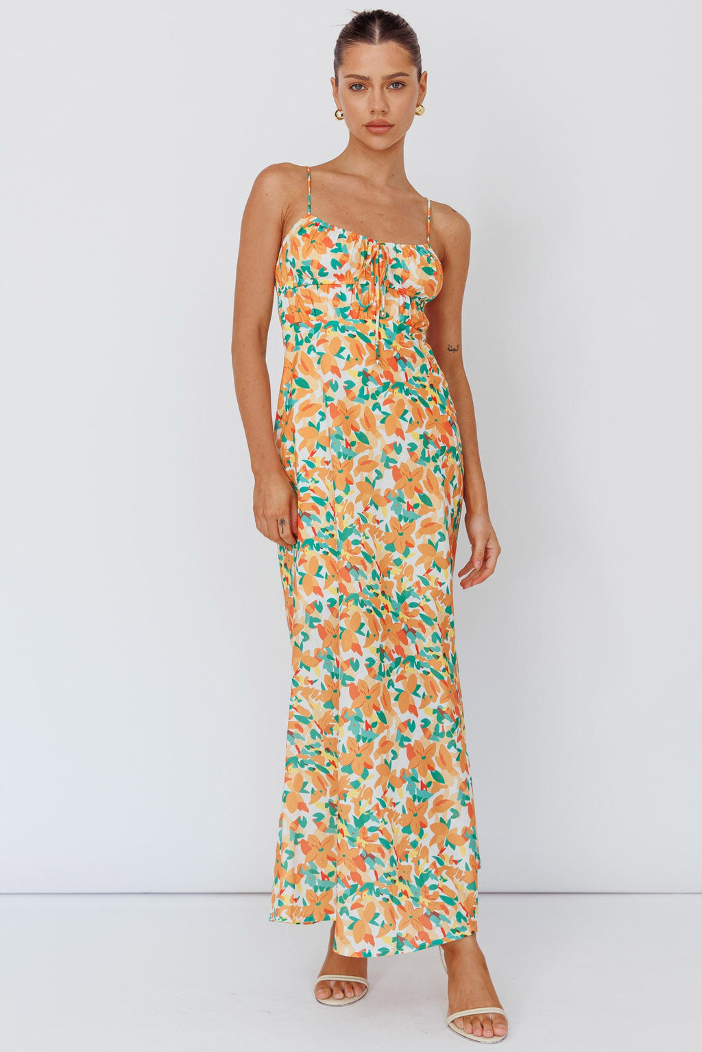 Solstice Noon Tied Bust Midi Dress Print Orange